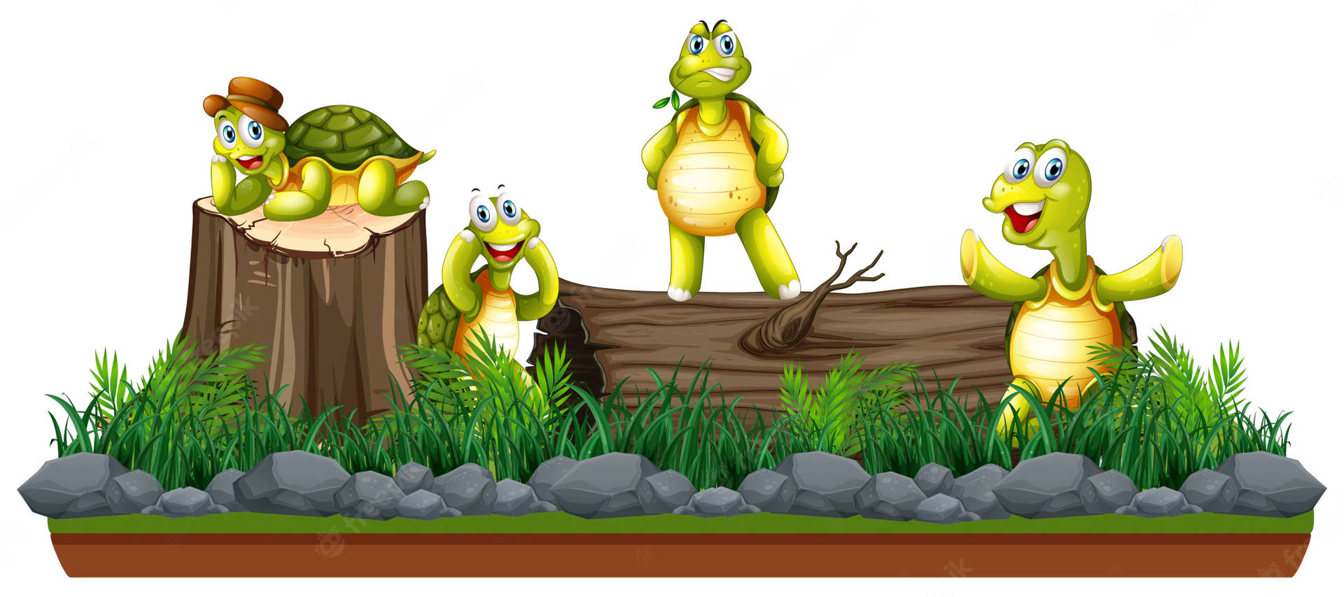 Cartoonschildkröten Auf Einem Baumstamm Wallpaper