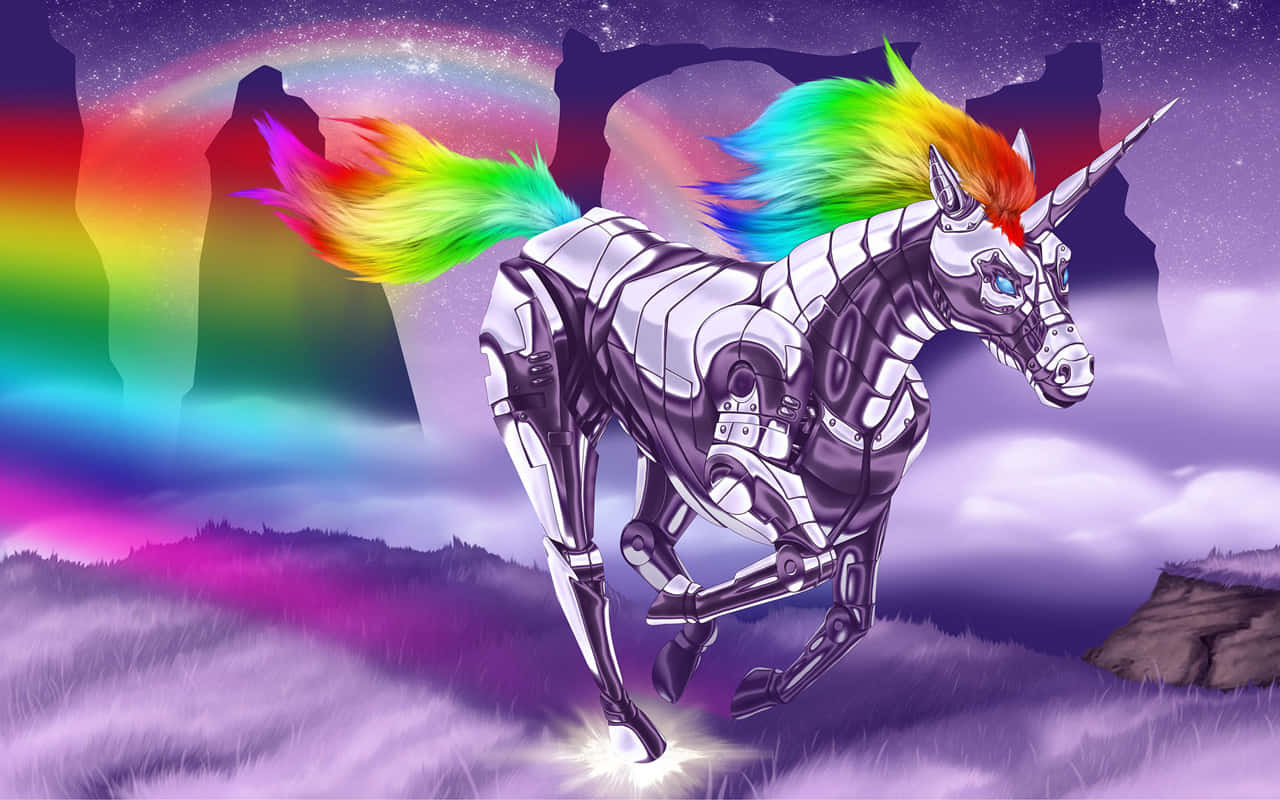 A Unicorn With Rainbow Hair Is Running In The Field