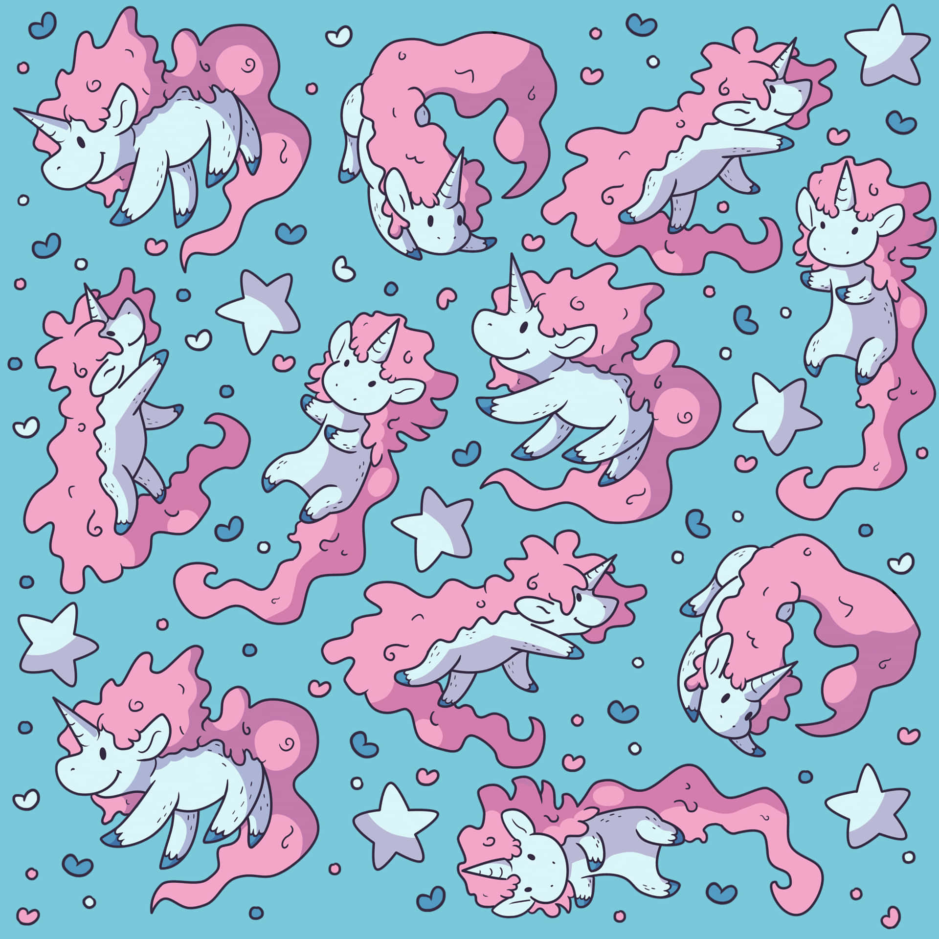 A Pattern Of Pink And White Unicorns On A Blue Background