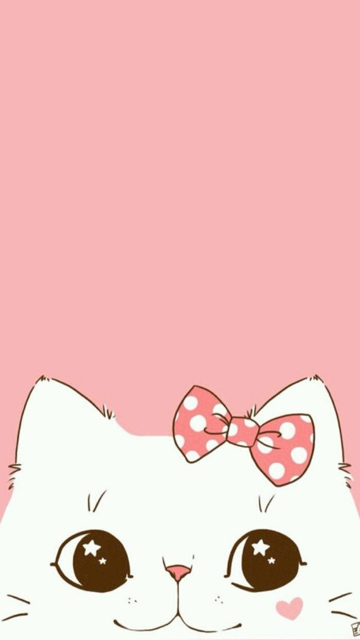 Cartoon White Cat Pink Ribbon Wallpaper