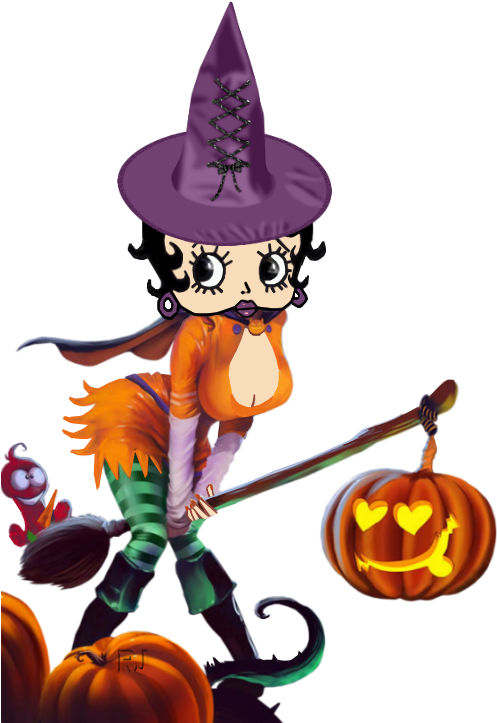 Cartoon Witchwith Broomand Pumpkins PNG
