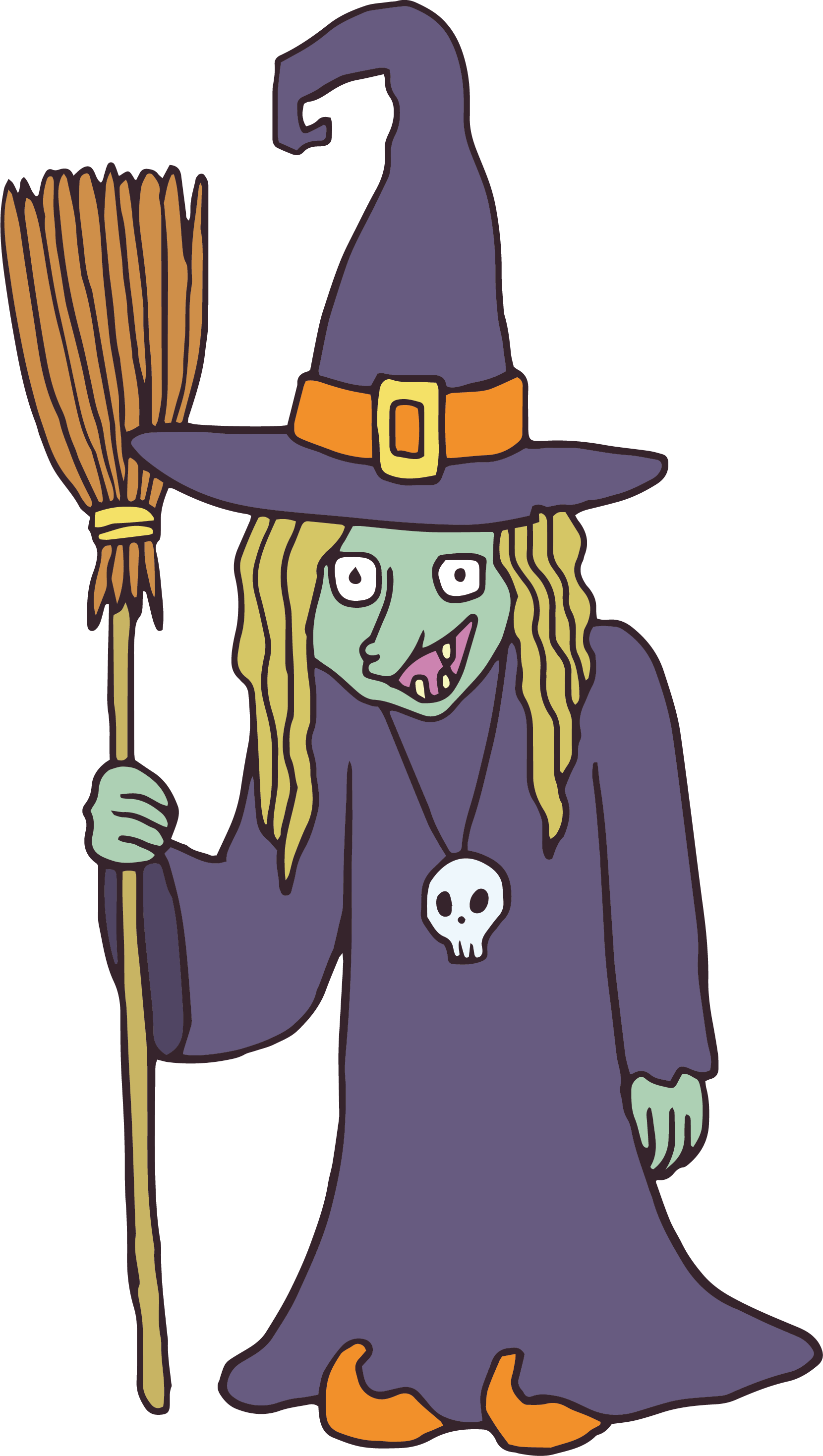 Cartoon Witchwith Broomand Skull Accessory PNG