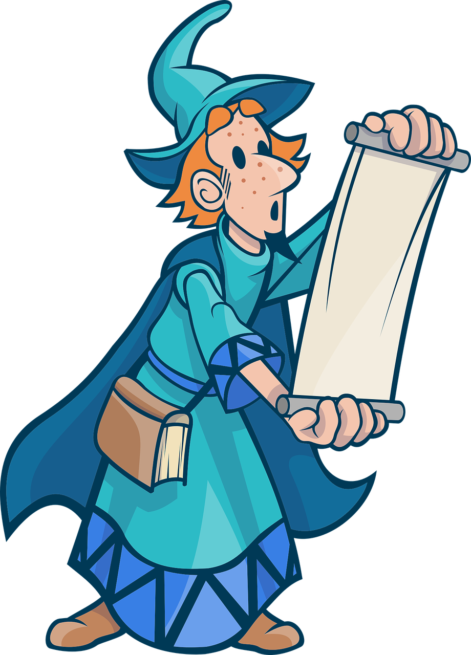 Cartoon Wizard Reading Scroll PNG