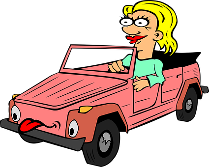 Cartoon Woman Driving Red Car PNG