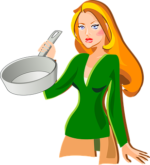 Cartoon Woman Holding Frying Pan PNG
