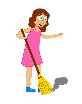 Cartoon Woman With Broom Pointing PNG