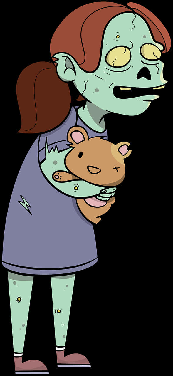 Cartoon Zombie Girl Holding Teddy Bear PNG
