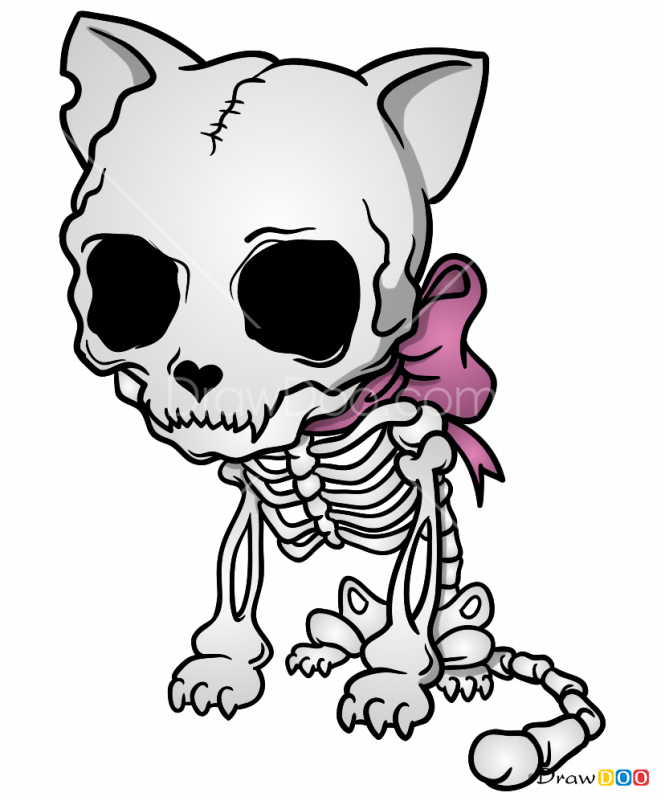 Cartoon_ Cat_ Skeleton_with_ Pink_ Bow PNG