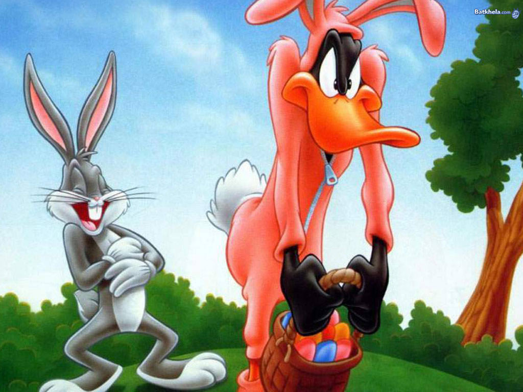 Karikatyrernaduffy Duck Och Bugs Bunny På Dator- Eller Mobil-bakgrundsbilden. Wallpaper