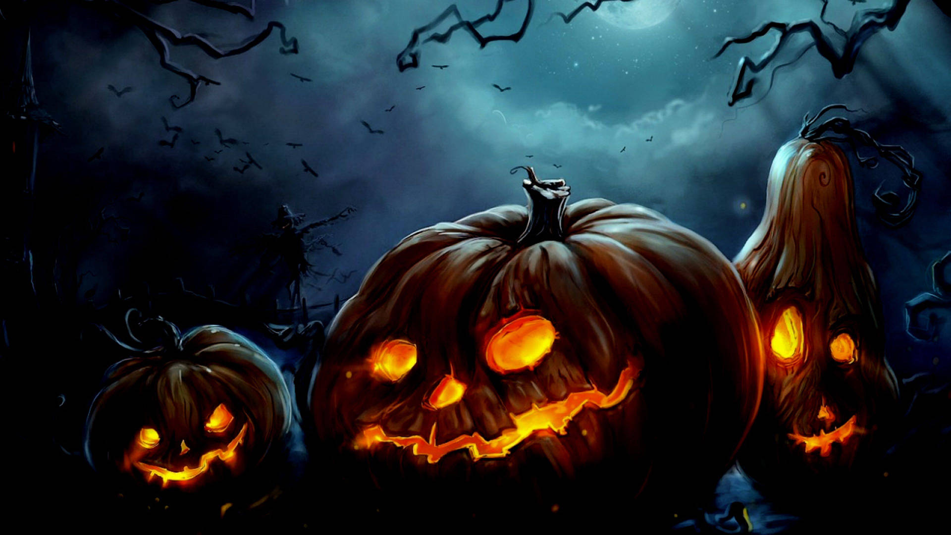 Carved Pumpkins Dark Background Halloween Computer
