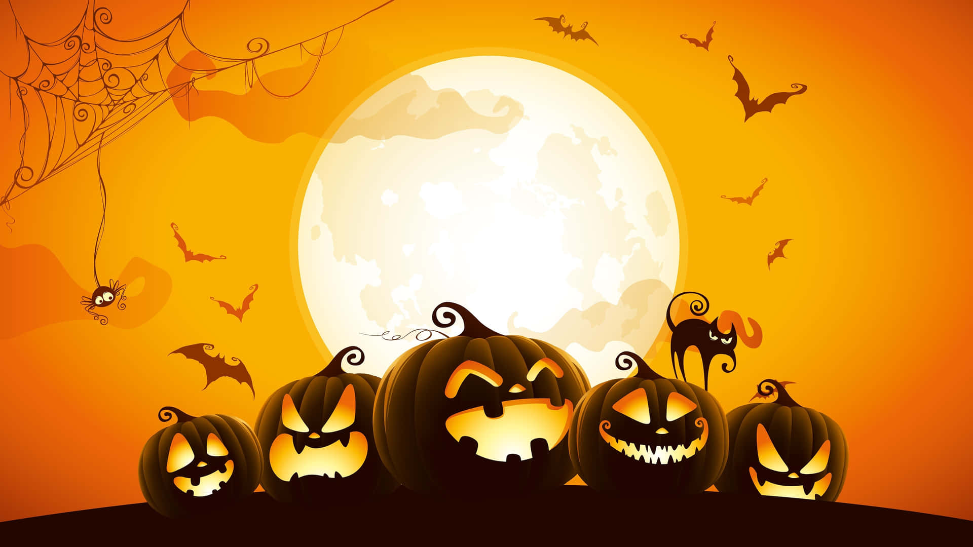 Cartelde Halloween Con Calabazas Talladas Y Luna. Fondo de pantalla