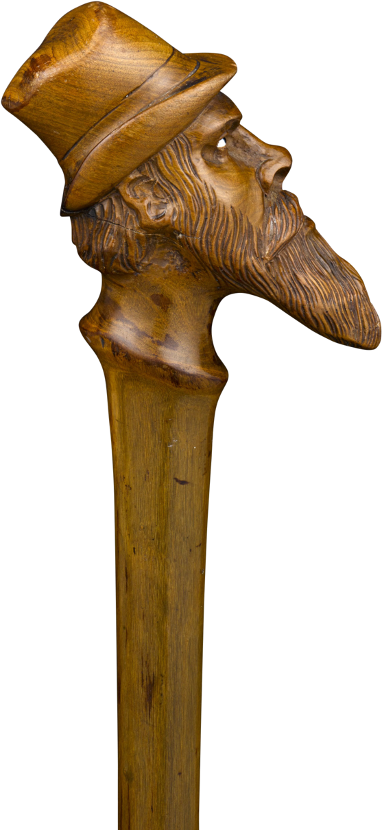 Carved Wooden Walking Stickwith Bearded Man Topper PNG