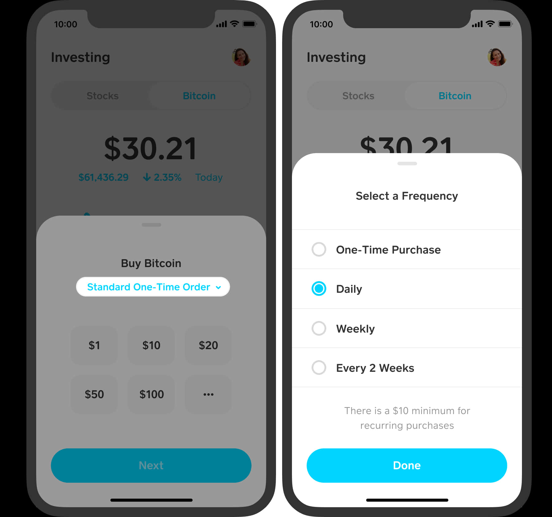 En mobile app, der viser betalings- og betalingsmuligheder
