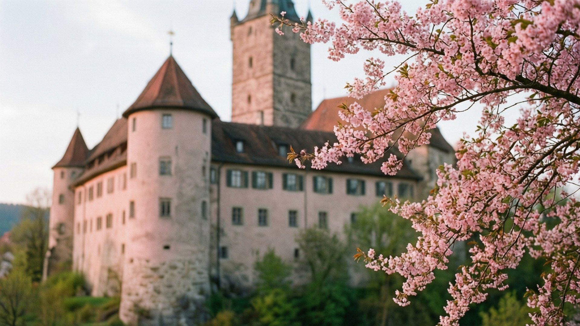 Frauenfeld Castle framed by cherry blossoms in spring.