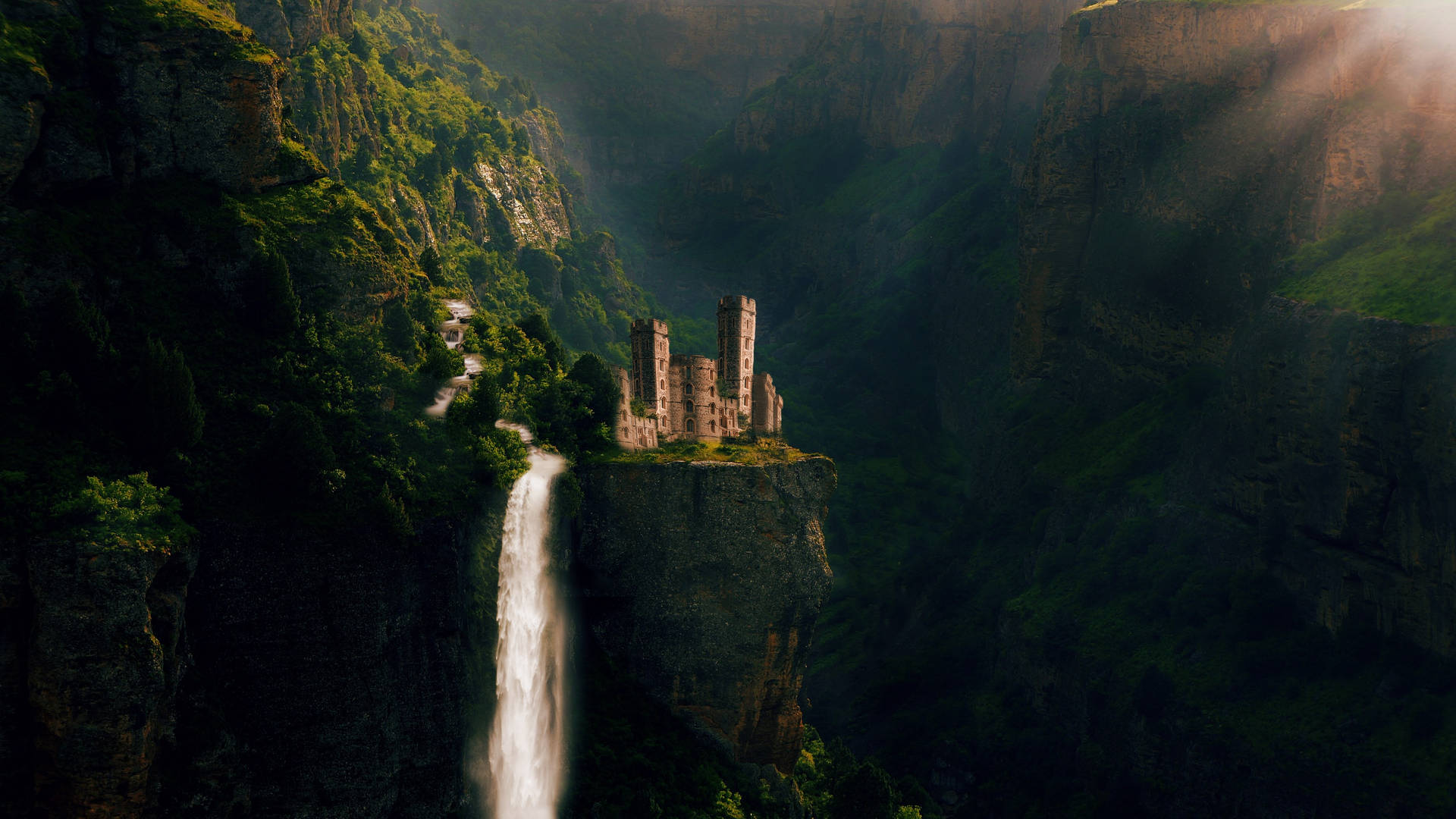 Castle, Waterfall, Rocks, Fairy, Photoshop