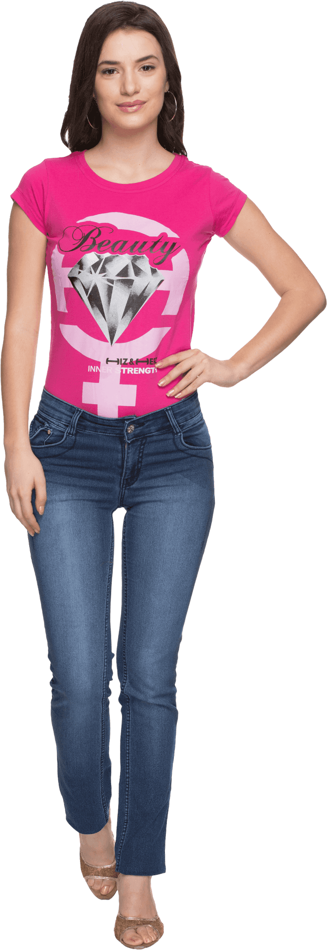 Casual Fashion Model Pink Tshirt Jeans PNG