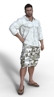 Casual Man White Shirt Camouflage Shorts PNG