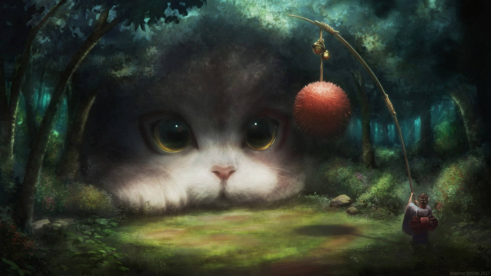 Cat and geisha in forest fantasy art wallpaper.