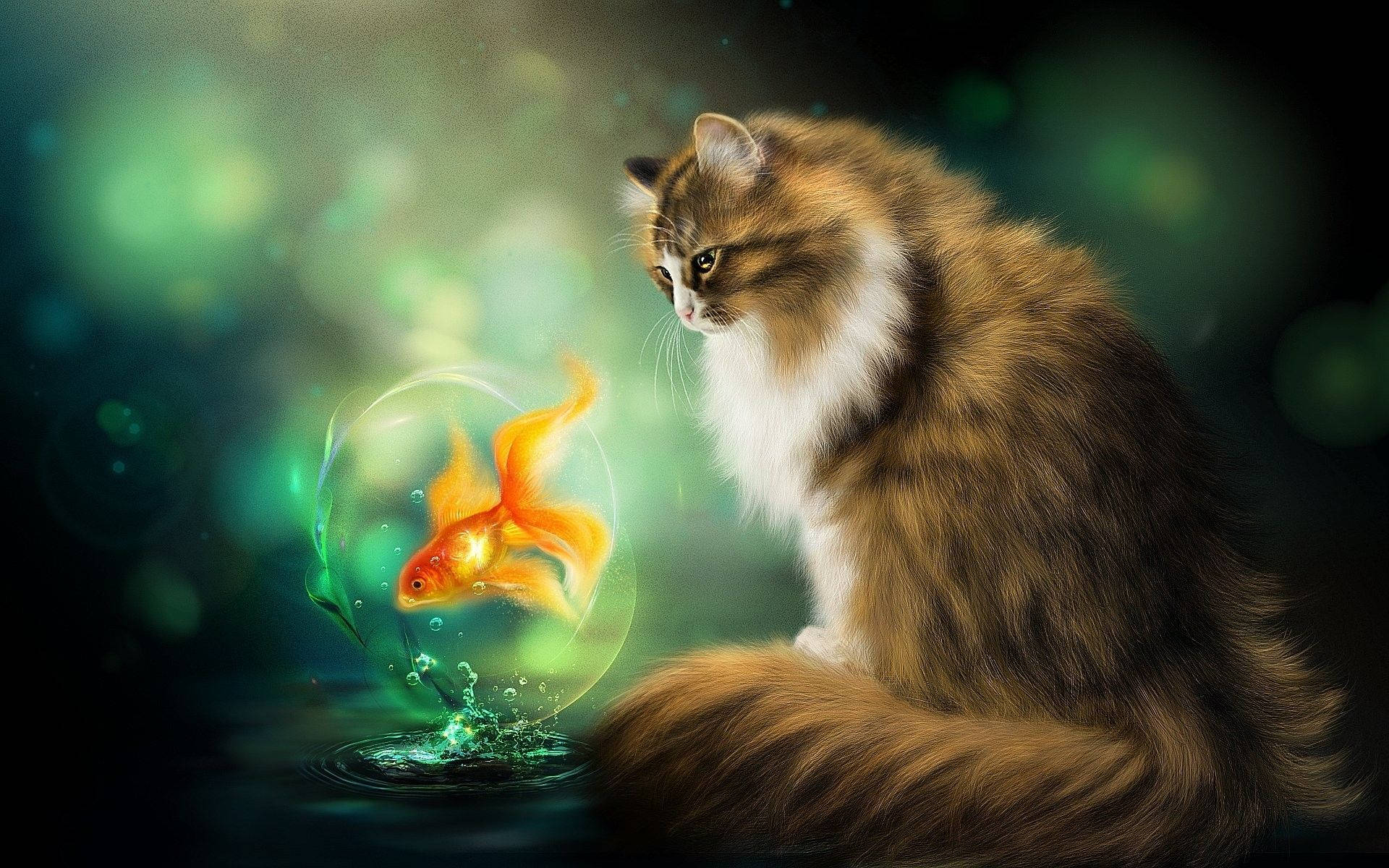 Cat Art Brown Cat Goldfish Wallpaper