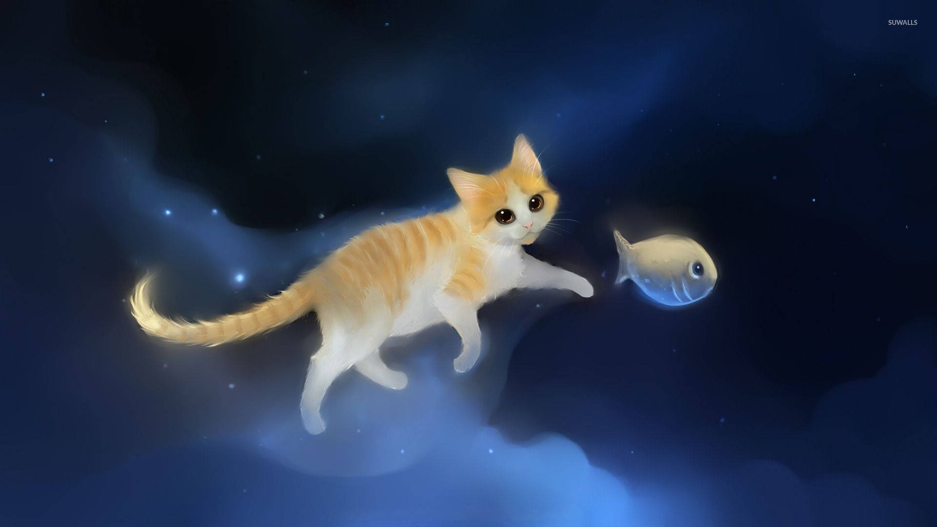 Artede Gatos: Gato Flotante Y Peces Fondo de pantalla