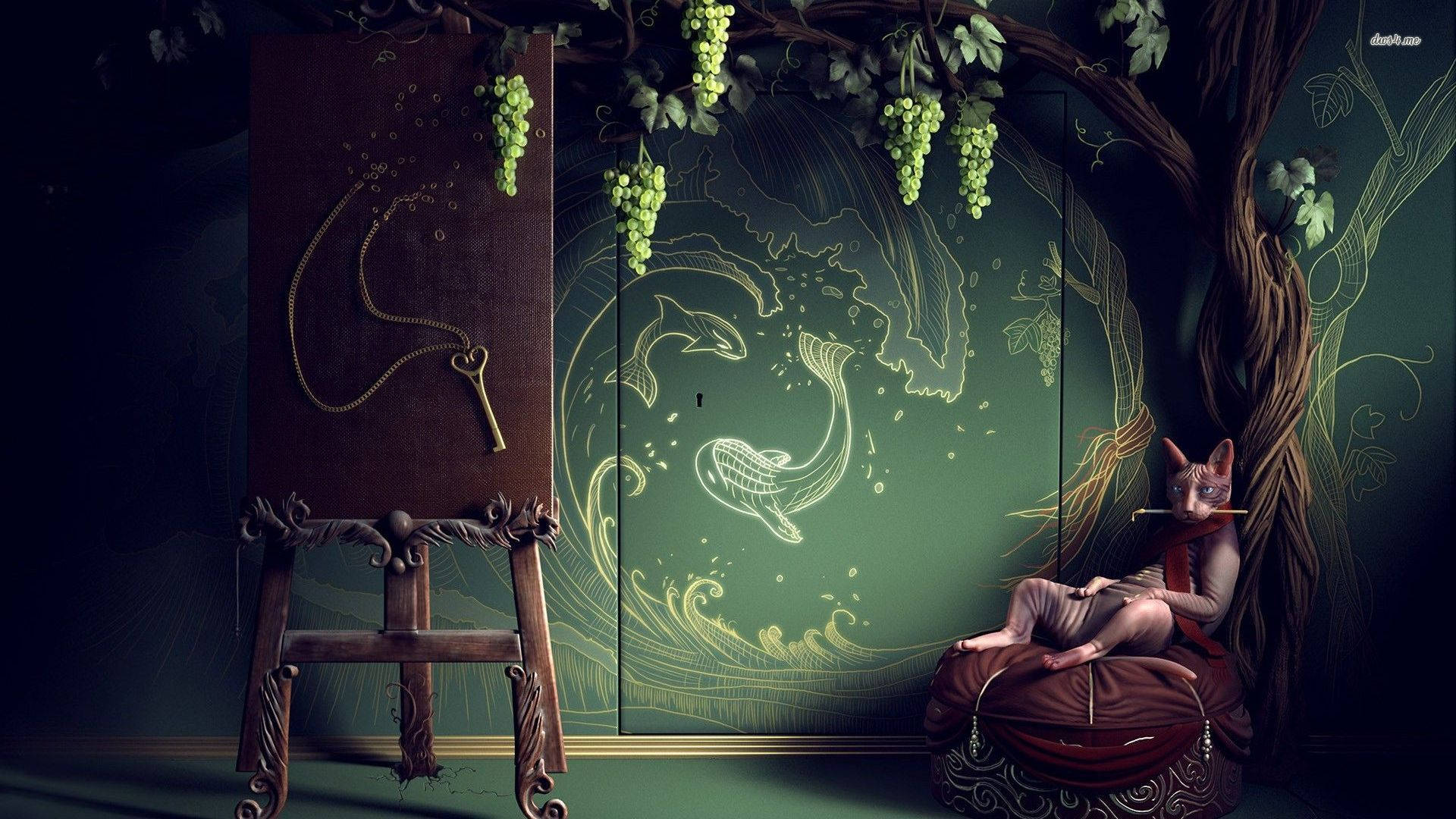 Cat Art Green Room Med Træ Wallpaper