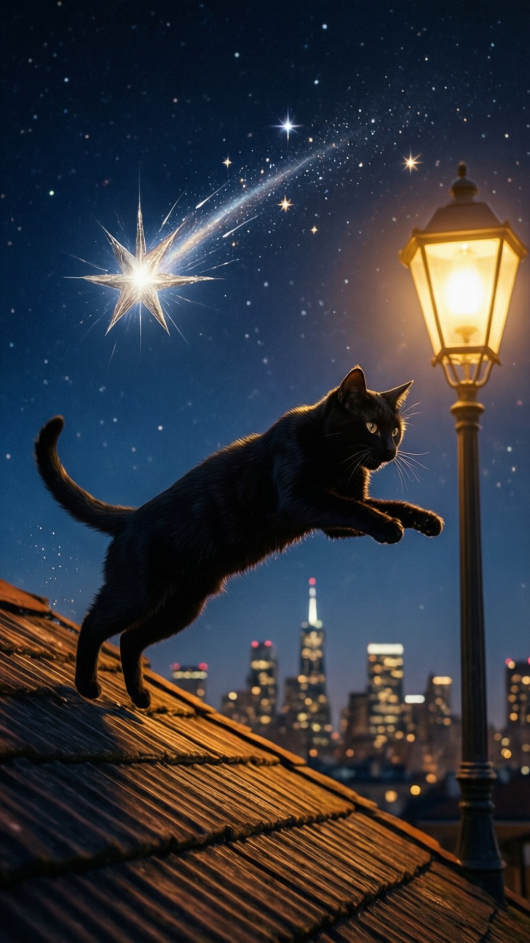 Kucing mengejar bintang jatuh Wallpaper