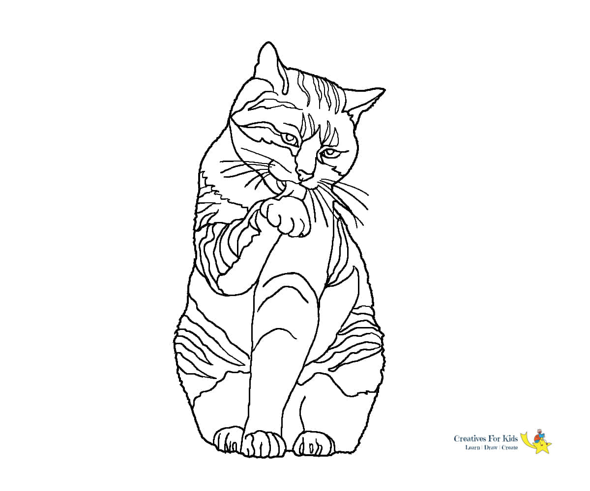Licking Paw Cat Coloring Pictures