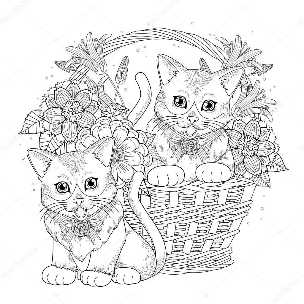 Flower Basket Cat Coloring Pictures