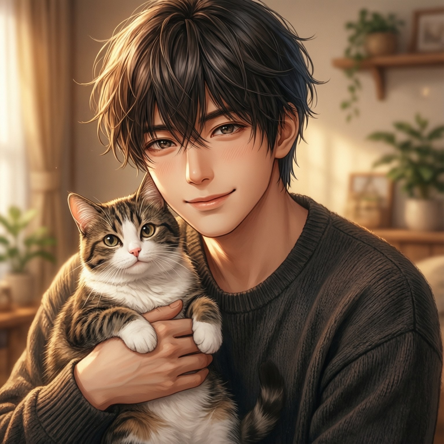 Kei Tsukishima håller en katt, glad och avslappnad.