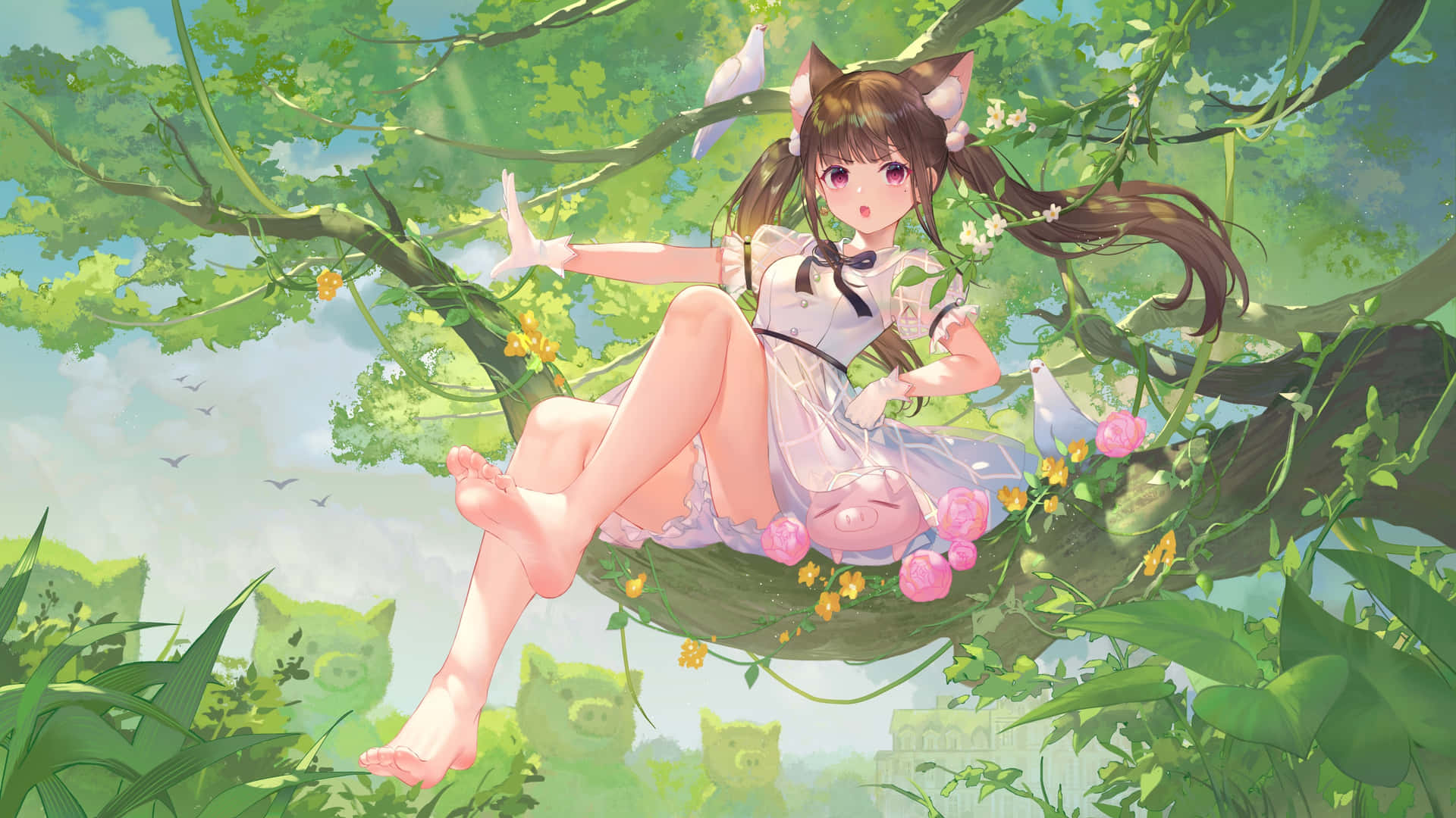 Cat Girl With Barefoot Sole On Tree Wallpaper