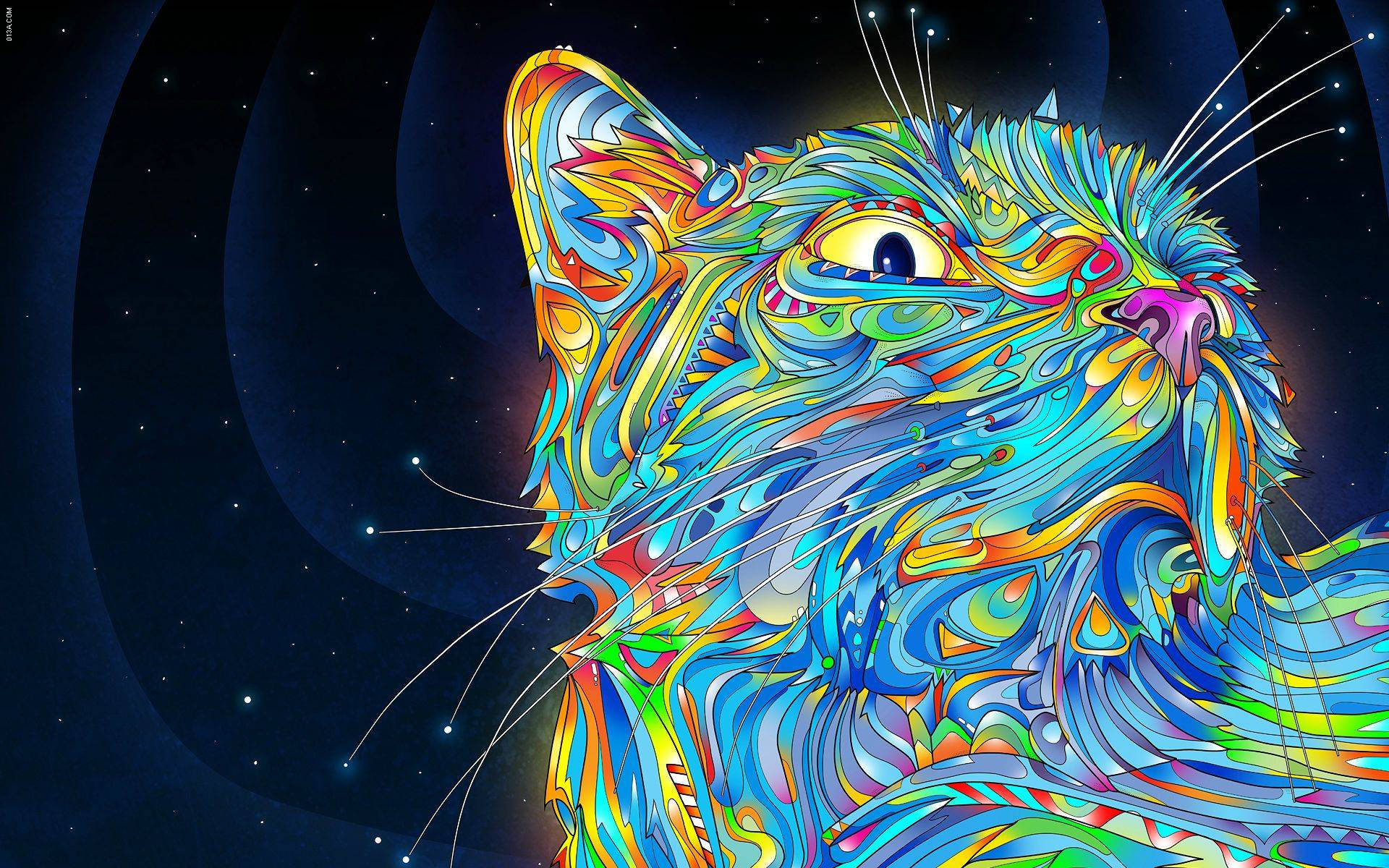 Cat Illustration In Hippie Colour Pattern Wallpaper