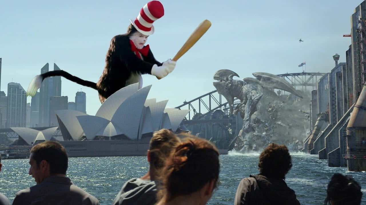 A Cat In The Hat Is Flying Over A City