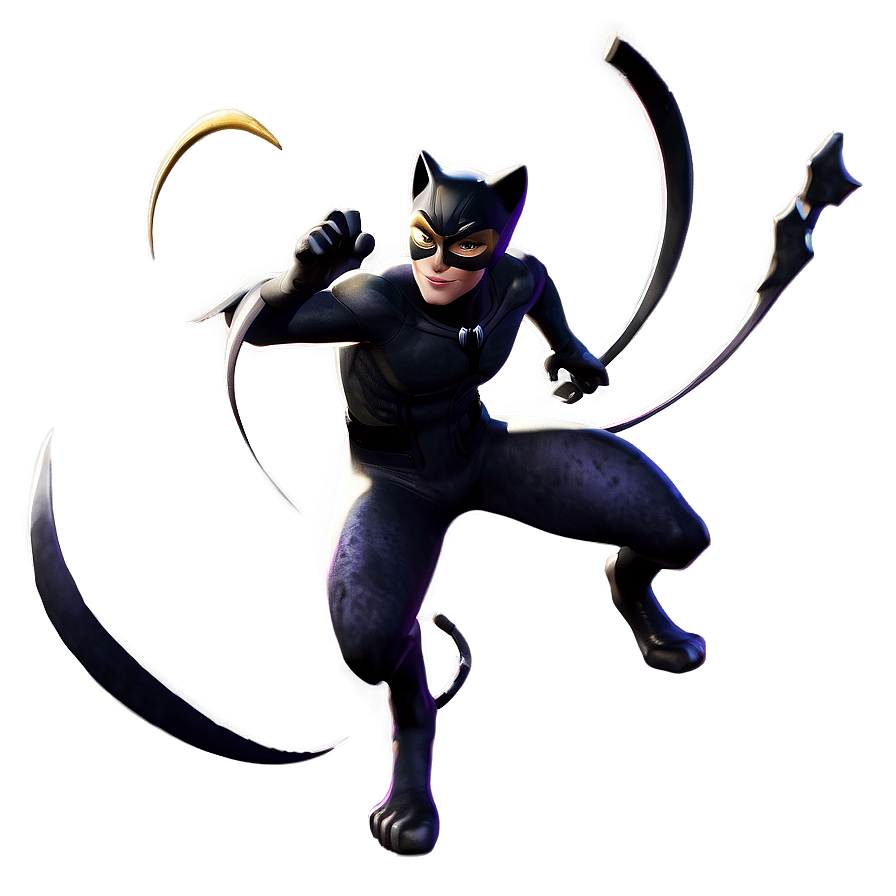 cat noir c PNG — A dynamic catwoman in black suit leaps with glowing curved blades swirling around her against a dark gradient background.
