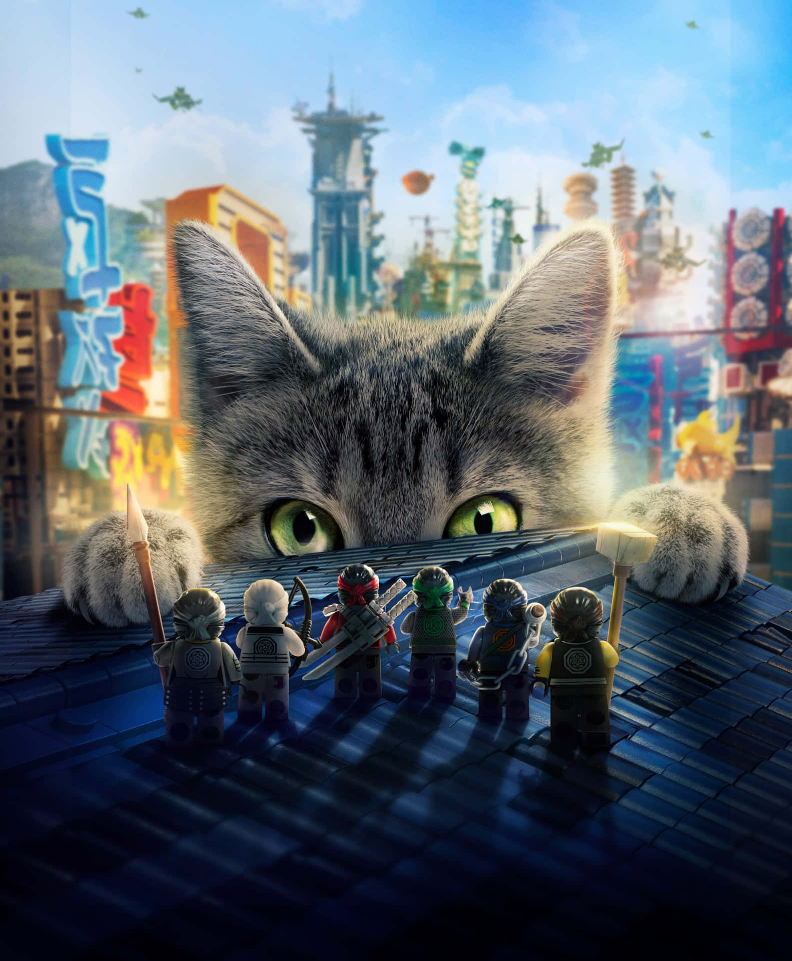 Cat Staring At Ninjas From The Lego Ninjago Movie Wallpaper
