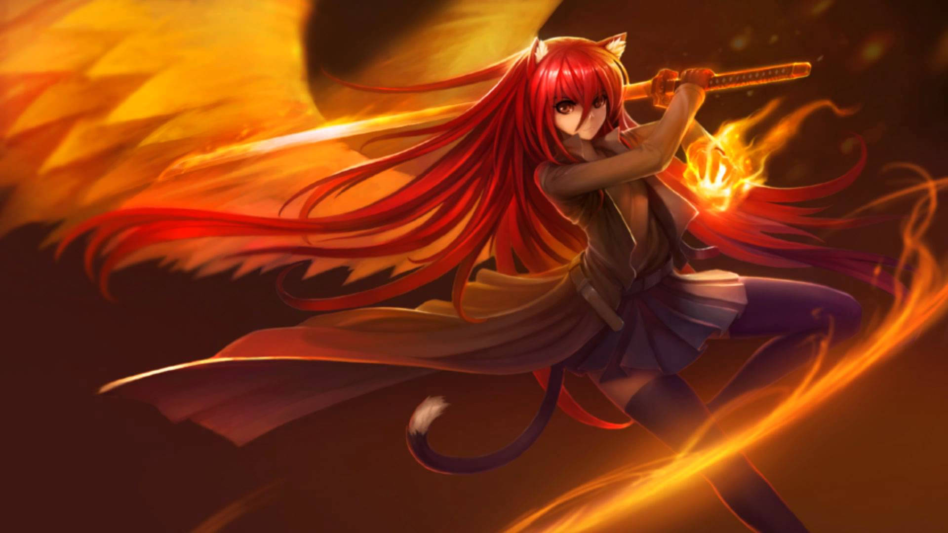 Cat Warrior Girl With Fire Wings Wallpaper
