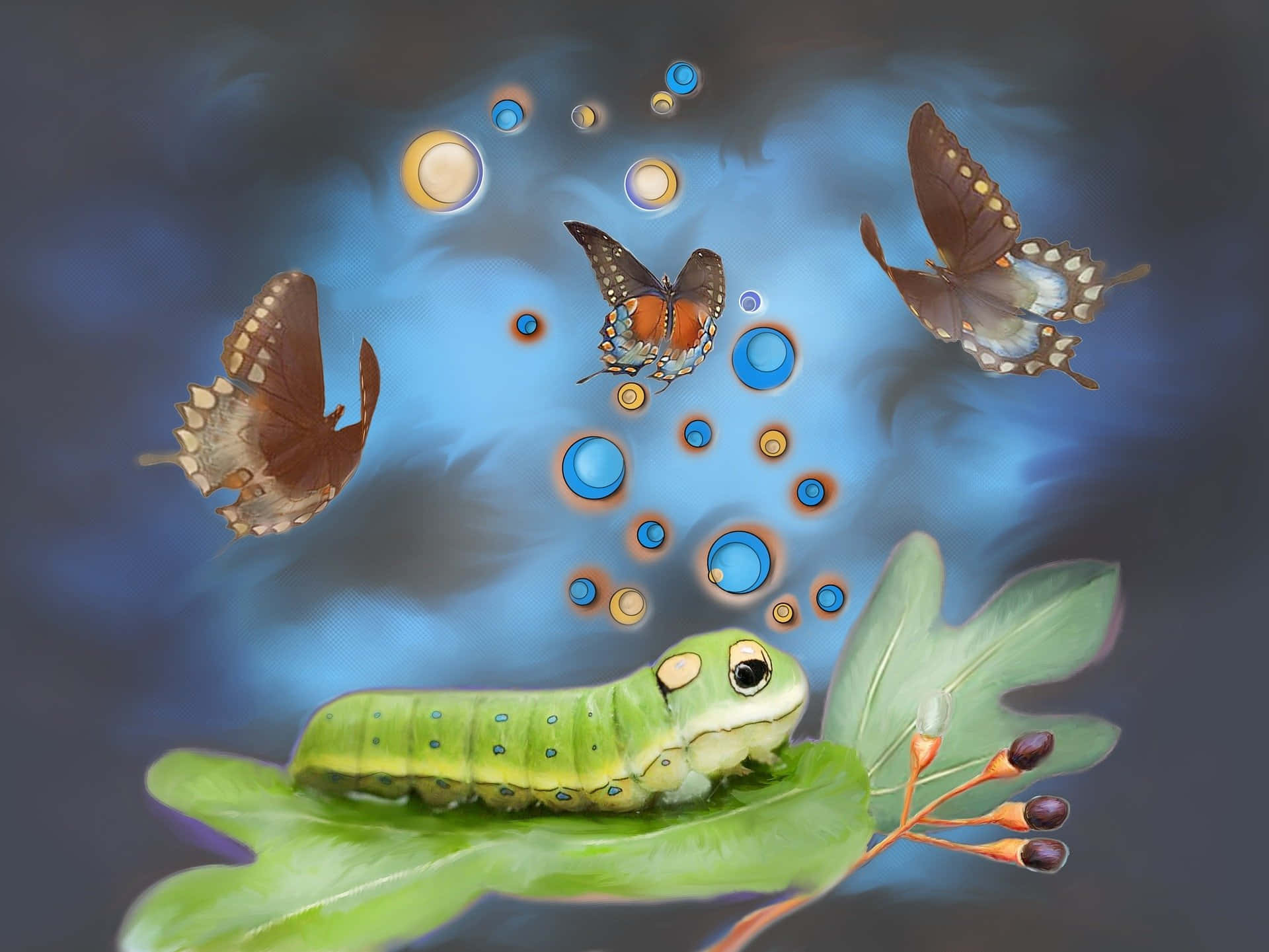 A Caterpillar With Butterflies Flying Around It