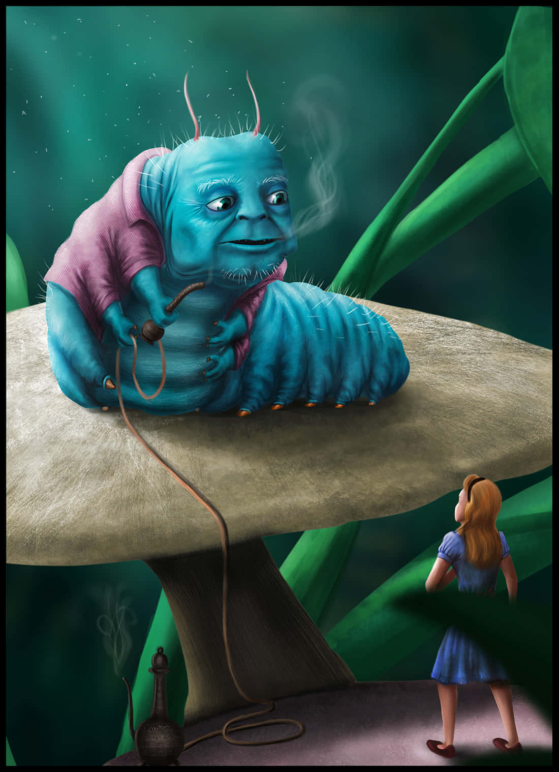 A Blue Caterpillar Sitting On Top Of A Mushroom