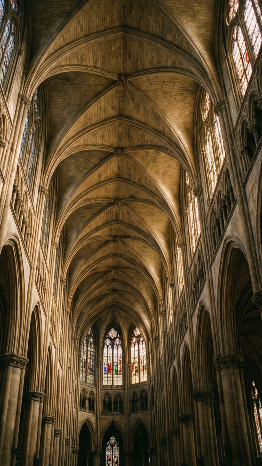 Interior de uma grande catedral com abóbadas nervuradas elevadas e luz de vitral.