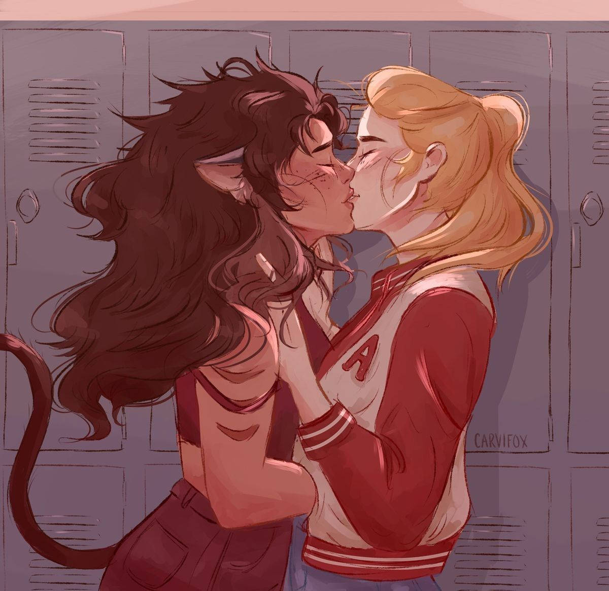 two girls kissing in front of lockers Wallpaper