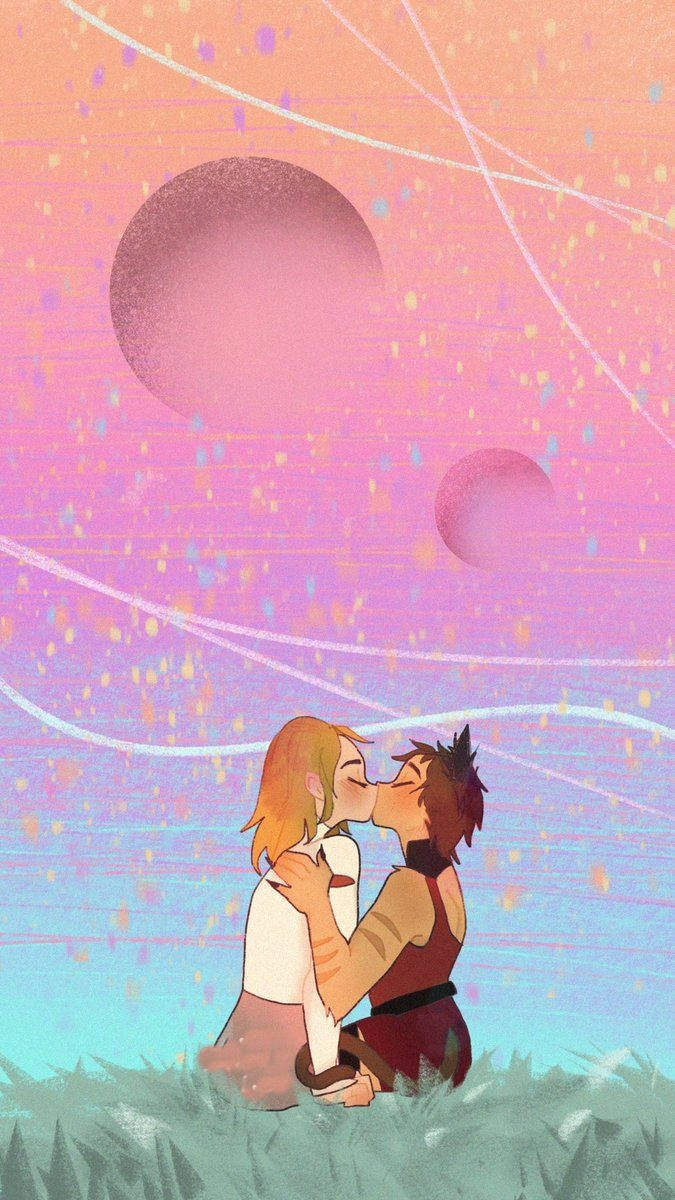 Et par kysse i græsset under en stjerneklar himmel Wallpaper
