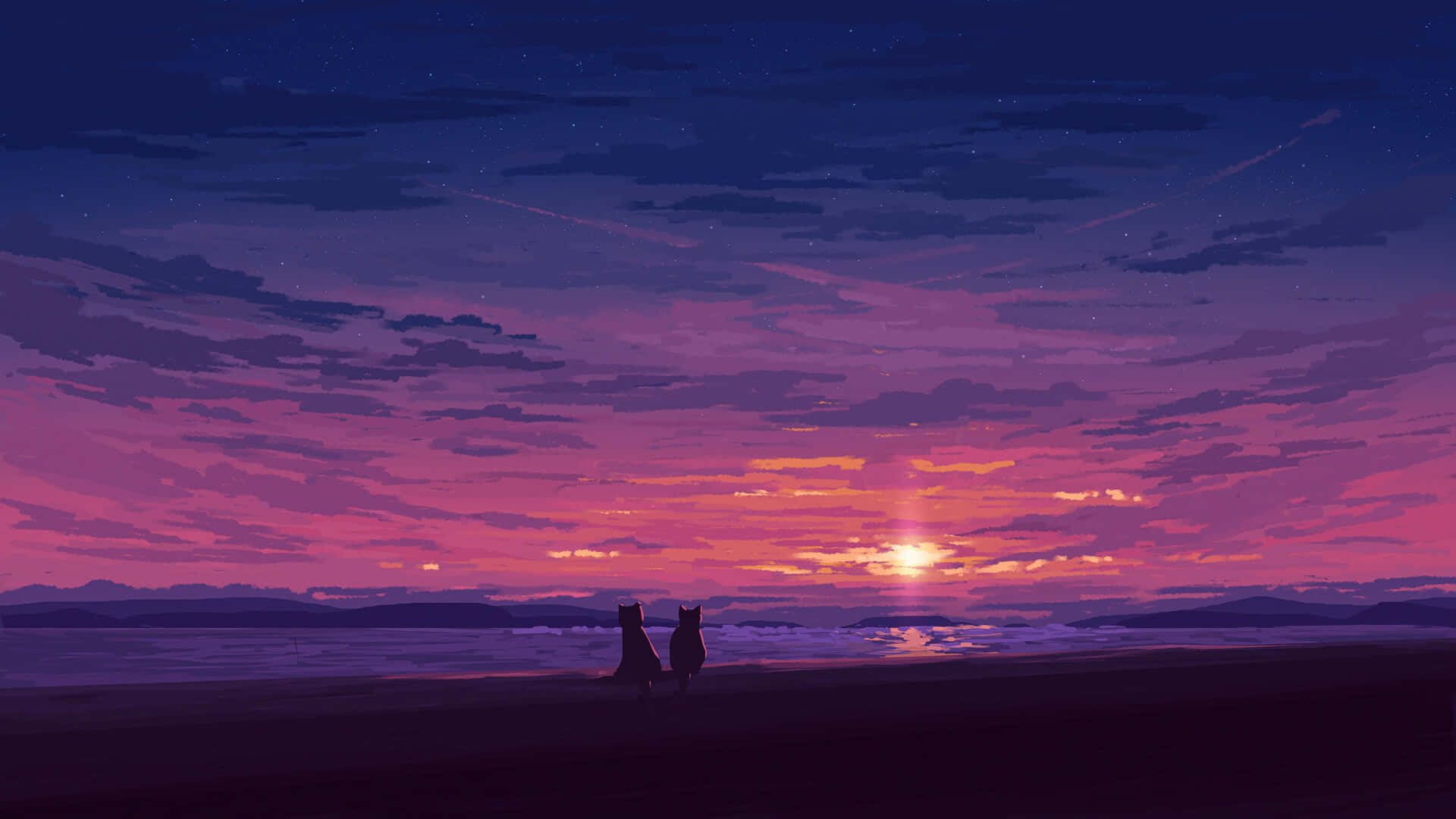 Cats Standing Lateral To Each Other While Watching The Sunset Wallpaper