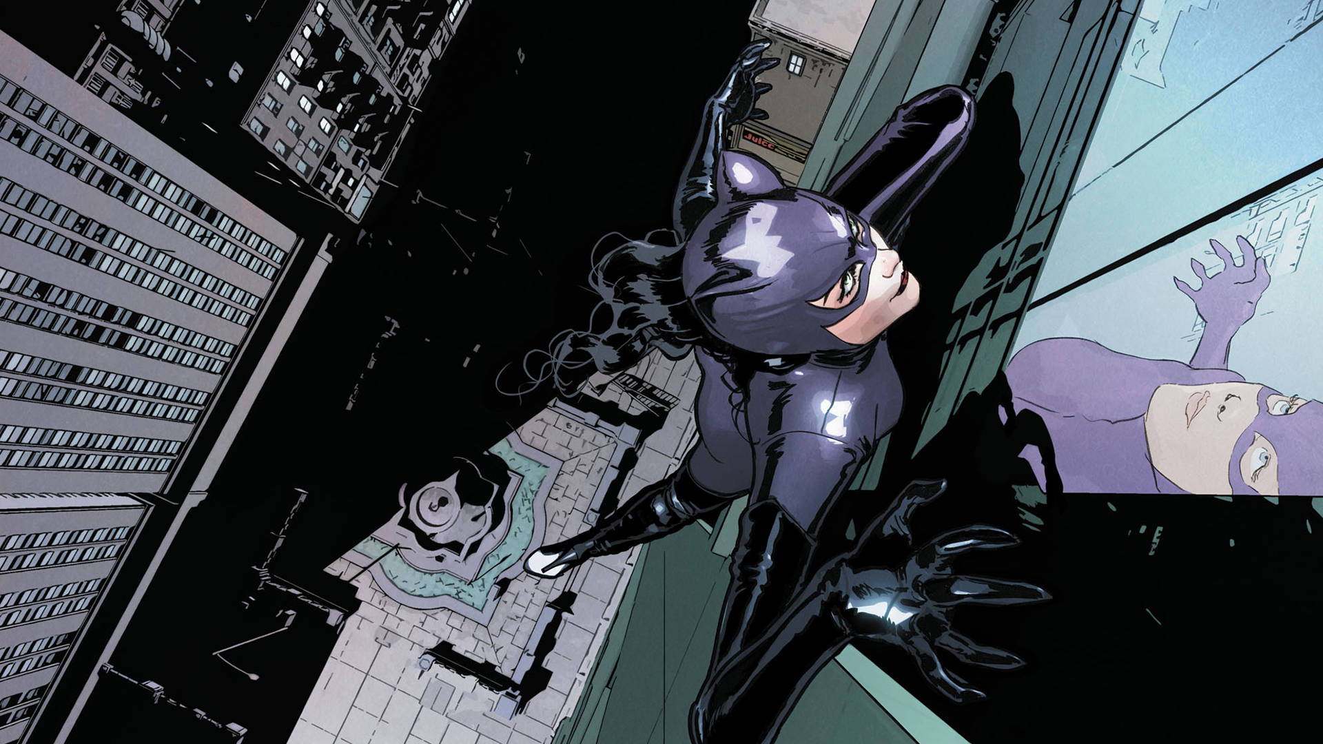 Catwoman Climbing A Building Background