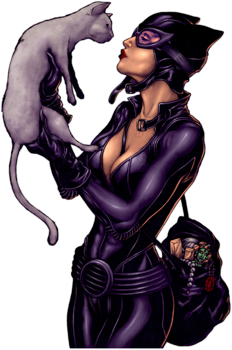 Catwoman Holding White Cat Illustration PNG