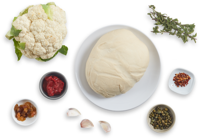 Cauliflowerand Dough Ingredients Setup PNG