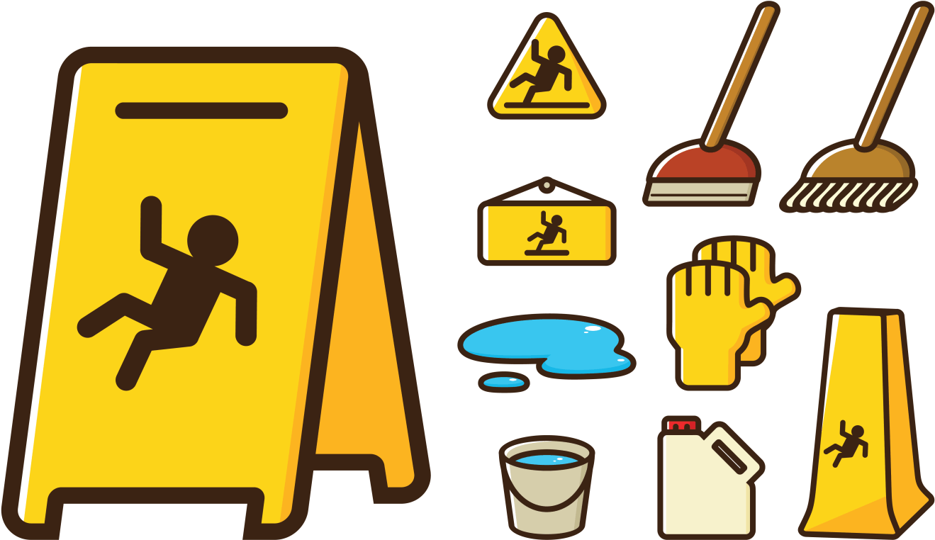 Caution Wet Floor Signsand Cleaning Tools PNG