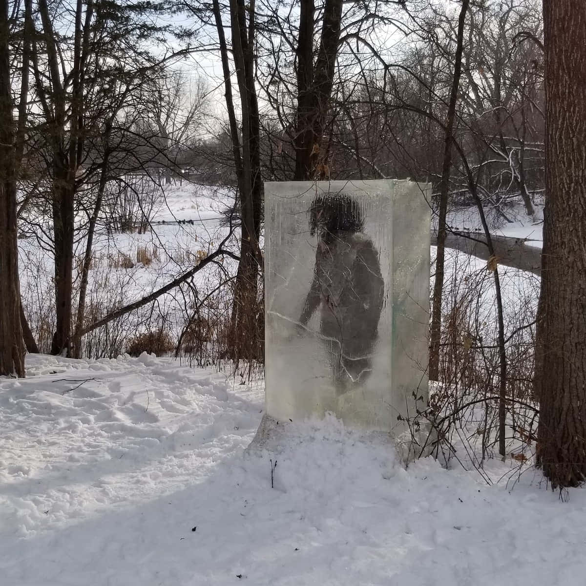 Unapersona Está De Pie En La Nieve Junto A Una Escultura De Nieve.