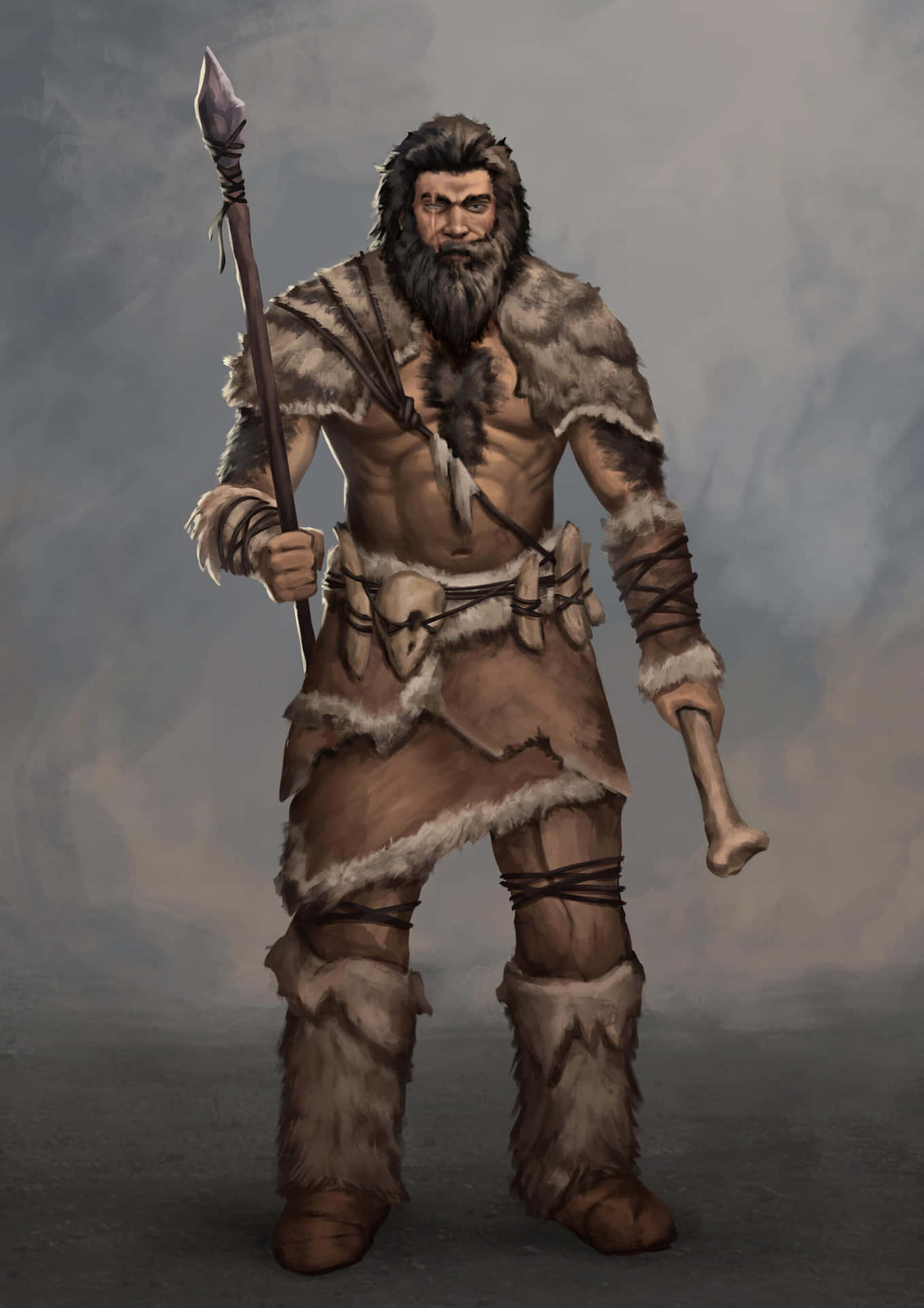 A Man In A Fur Coat And A Spear