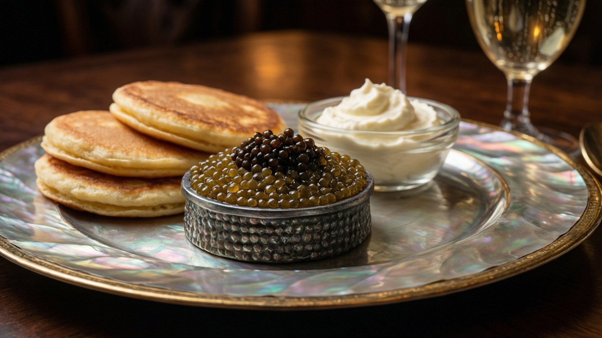 Opulent caviar spread with blinis and champagne on mother-of-pearl.