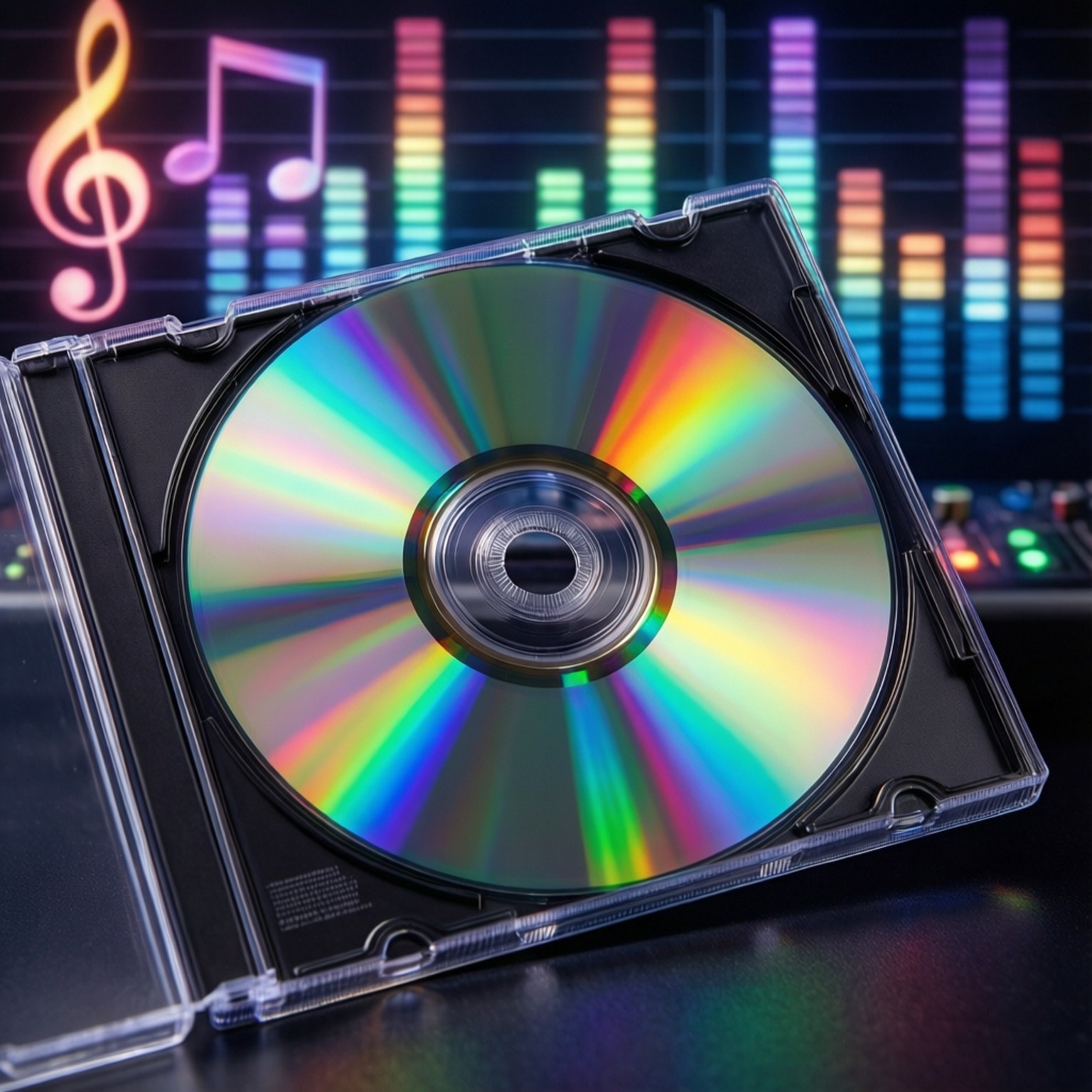 Kiiltävä CD-taustakuva, jossa on hohtavia heijastuksia ja musiikkivisuaaleja.