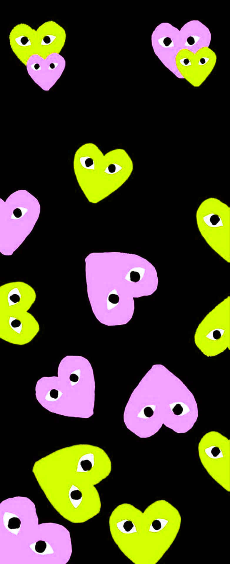 A Black Background With Many Pink And Green Hearts
